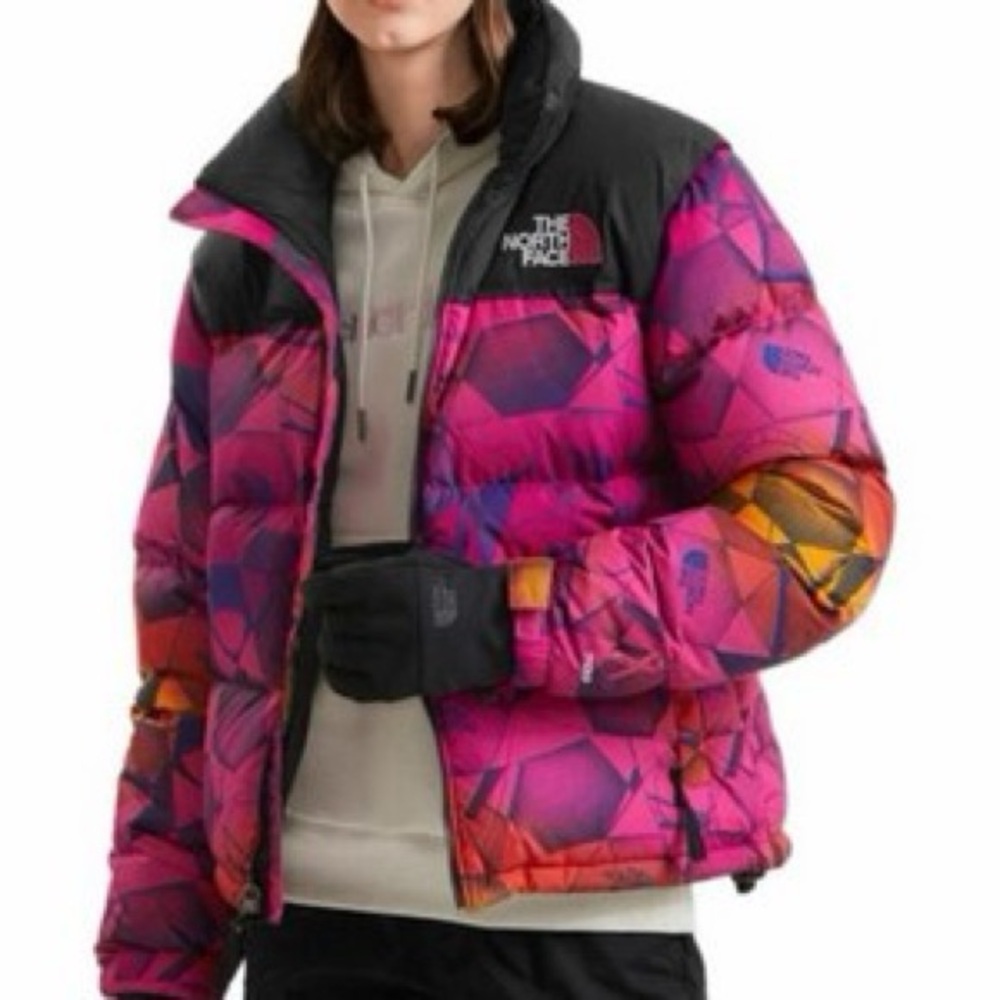 The North Face Pink and Black Geometric Puffer Jacket
